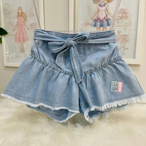 Shorts Infantil Mon Sucre Jeans Claro com Faixa e Barra Desfiada