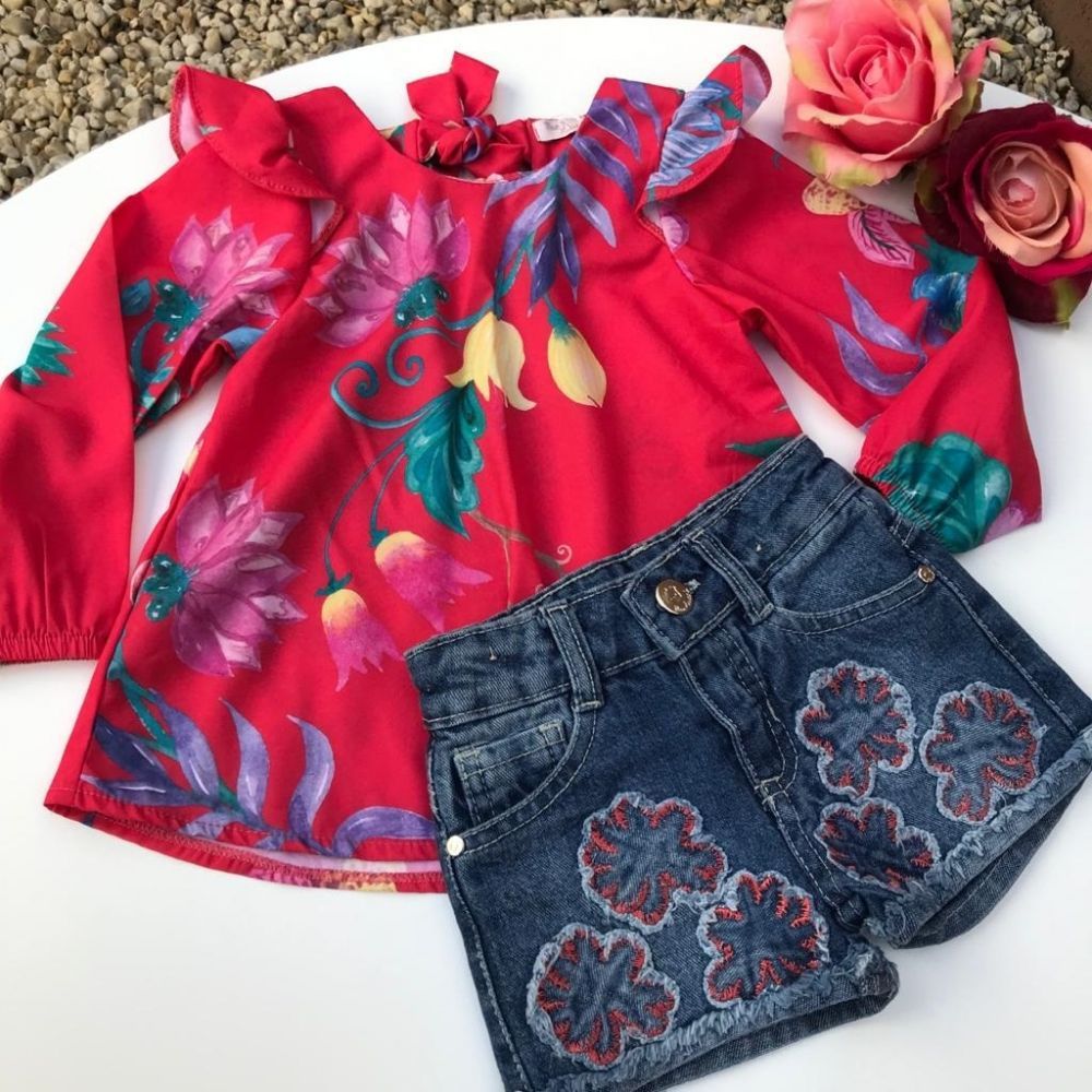 Conjunto Infantil Shorts Jeans Bata Floral Vermelha Mon Sucre
