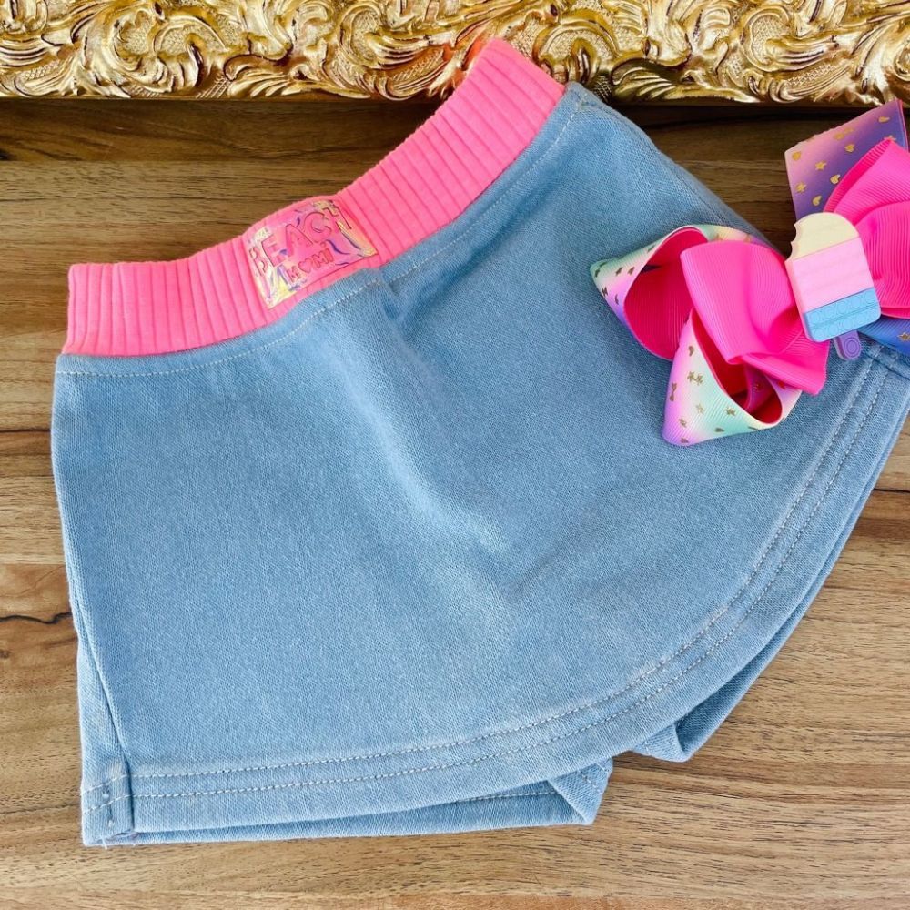 Shorts Saia Infantil Jeans com Cós Rosa Neon Momi