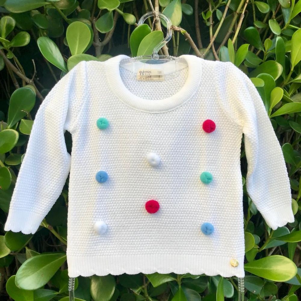 Suéter Infantil de Tricot com Pom Pons Coloridos Off White Mini Lady