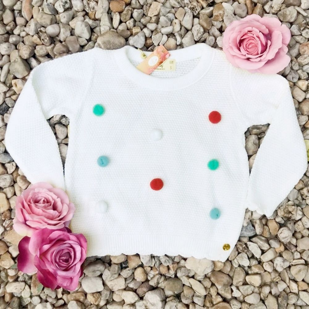 Suéter Infantil de Tricot Off White com Pom Pons Coloridos Mini Lady