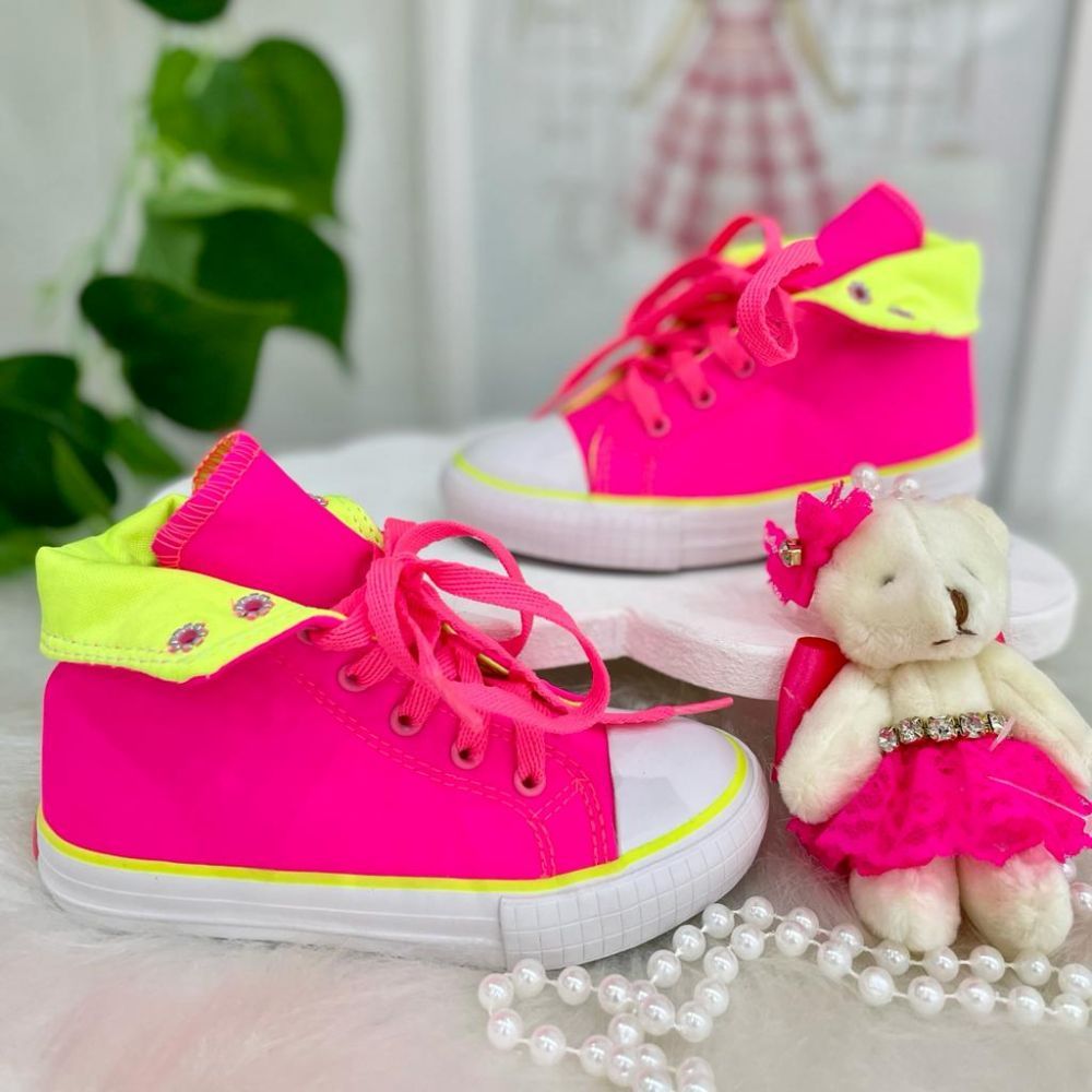 Tênis Infantil Cano Alto Canvas Color Pink/Amarelo Neon Cadarço Euro Baby