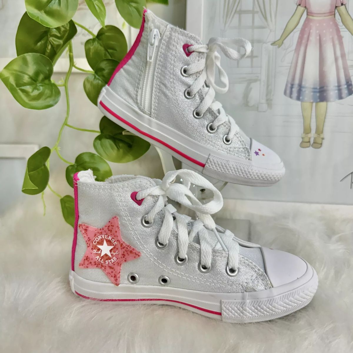 Tênis Infantil Converse All-Star Prata Detalhes Rosa Neon Cano Alto Zíper Lateral