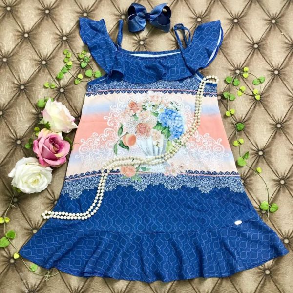 Vestido Infantil Trapezio Azul Floral Petit Cherie