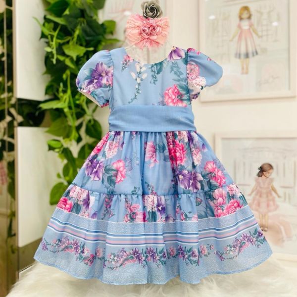 Vestido Infantil de Festa Filha Azul Floral Manga Bufante e Faixa Petit Cherie