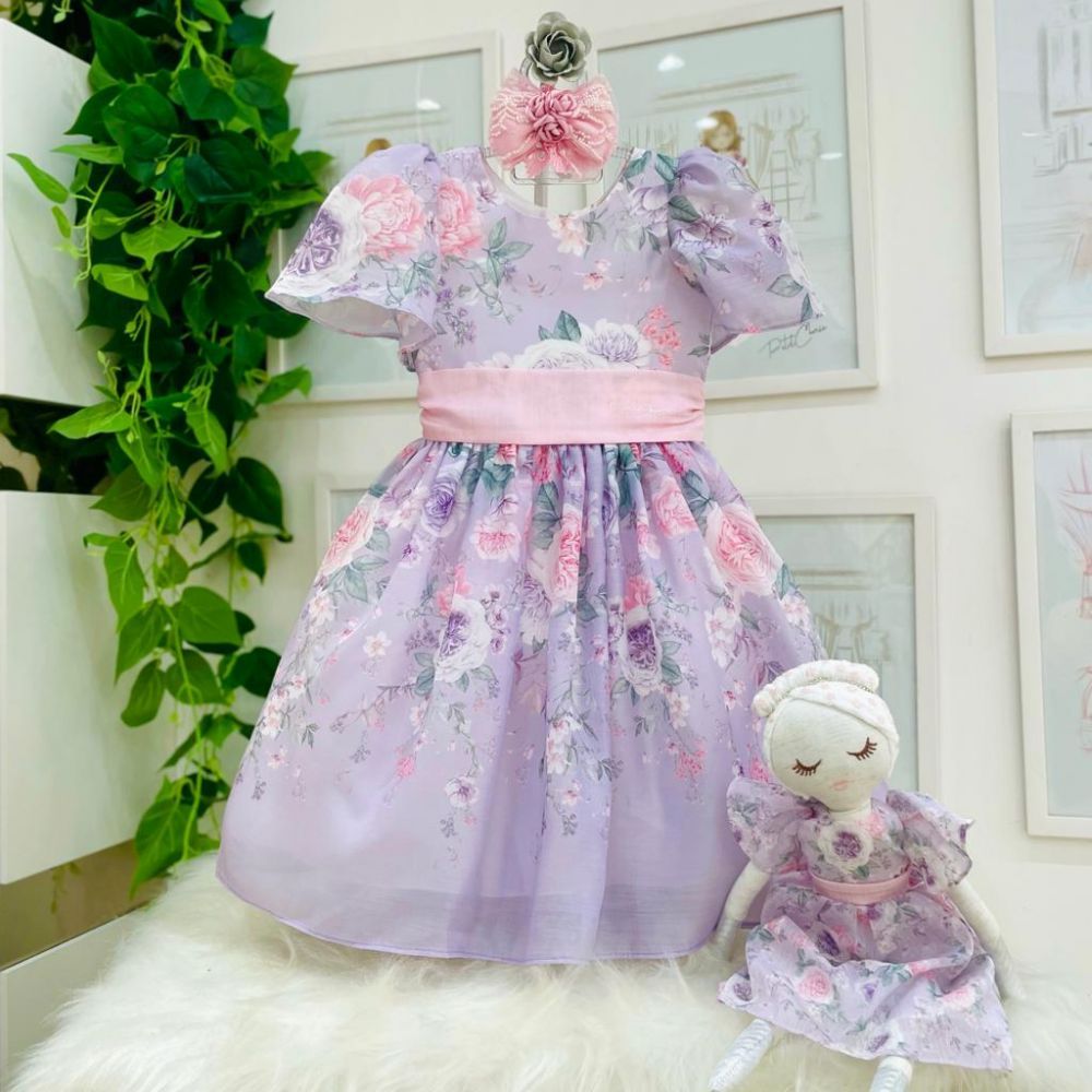 Vestido Infantil de Festa Filha Lilás Floral Manga Princesa e Faixa Rosa Petit