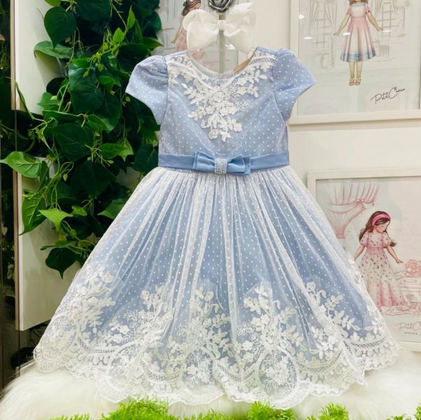Vestido de Festa Infantil Azul Sobreposição Tule Poá Bordados Petit Cherie