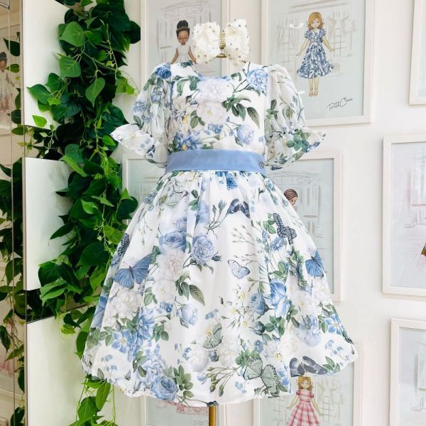 Vestido de Festa Infantil Blue Romantic Floral com Faixa Petit Cherie