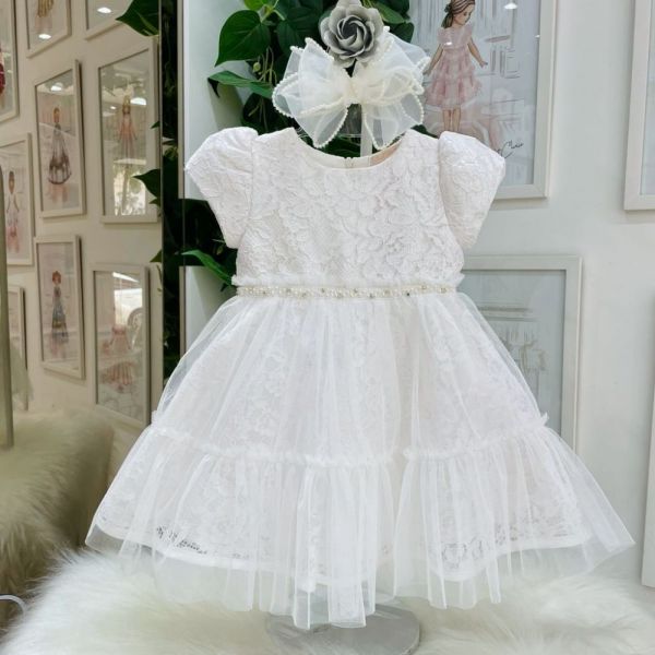 Vestido de Festa Infantil Off White de Renda Sobreposição de Tule Cinto Aplicação Pérolas Petit Cher
