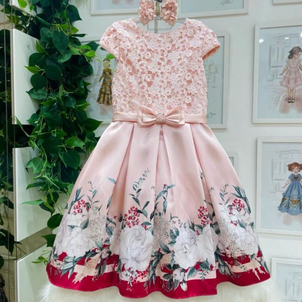 Vestido de Festa Infantil Rosa Renda Laço Aplicação em Pedrinhas Rosas Charmosas Petit Cherie