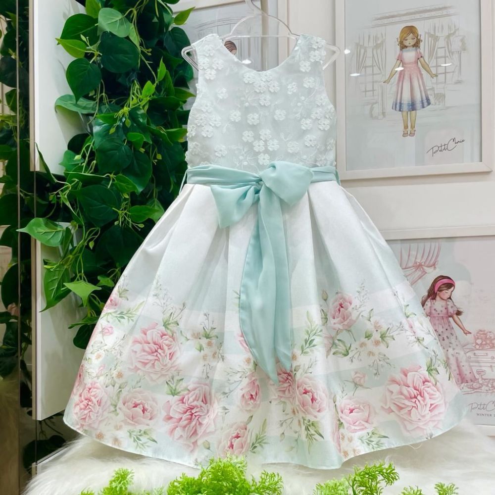 Vestido de Festa Infantil Verde Claro Guipir Estampado Flores Petit Cherie