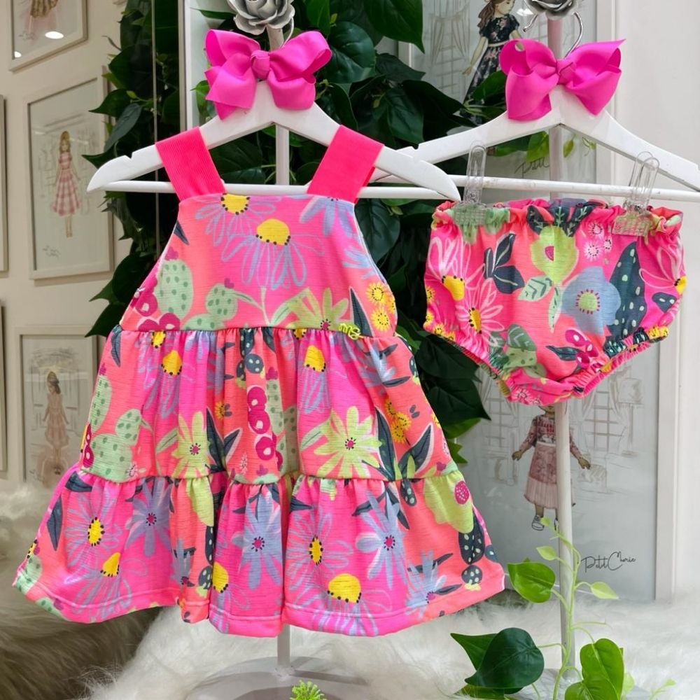 Vestido Infantil Alça Elástico Rosa Neon Babados em Camadas Com Calcinha Jardim Tropical Mon Sucré