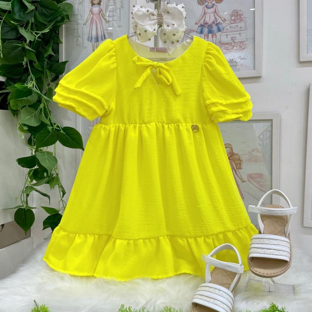 Vestido Infantil Amarelo Neon com Mangas Babado Mon Sucré