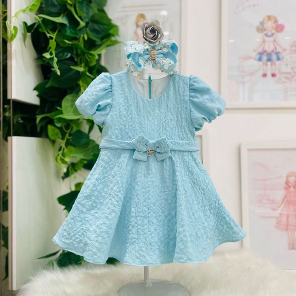 Vestido Infantil Azul com Laço e Calcinha Mon Sucré