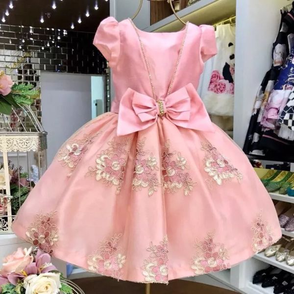 Vestido Infantil Bordado em Tule Princesa Rosa Petit Cherie