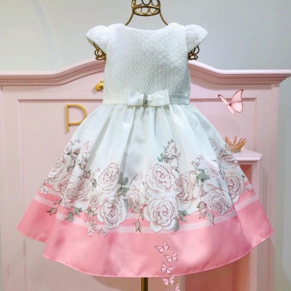Vestido Infantil Branco Barrado Floral Rosas Encantadas Petit Cherie