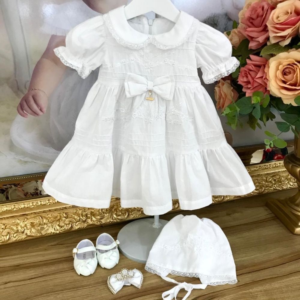 Vestido Infantil Branco Bordado com Touca Blessed Angel Roana