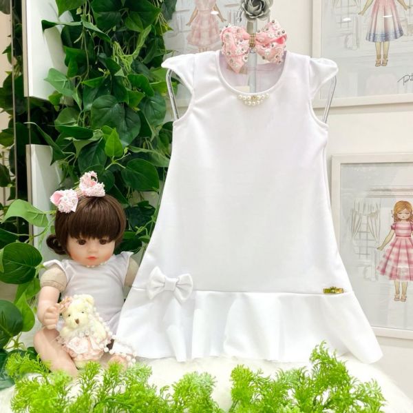Vestido Infantil Branco Pérolas Acompanha Vestido para Boneca Yoyo