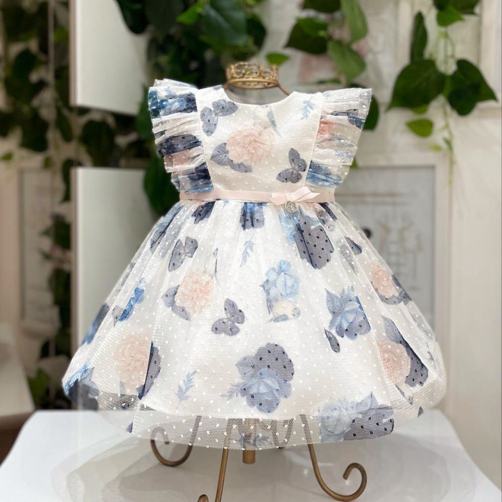 Vestido Infantil Branco Rodado Sobreposição Tule Poá Rosas e Borboletas Romantic Blue Petit Cherie