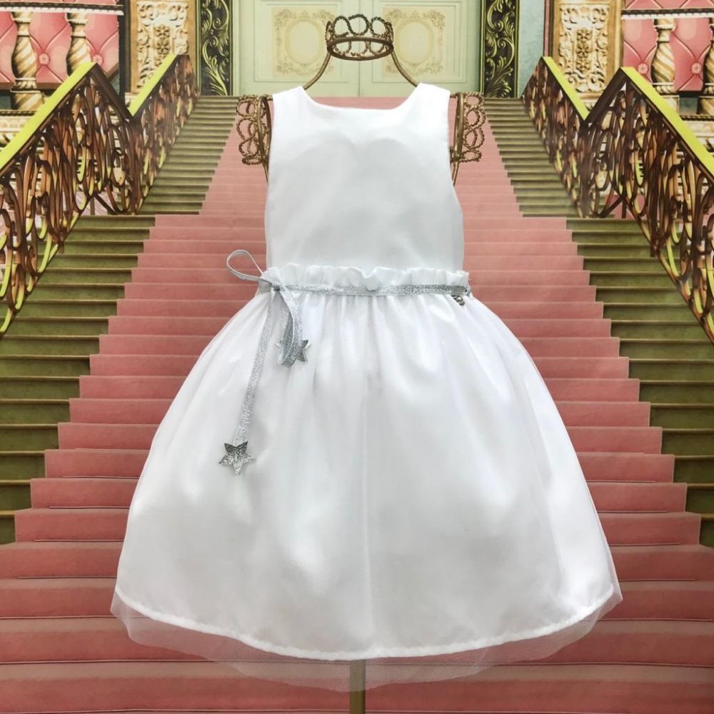 Vestido de Festa Infantil Branco Sobreposição de Tule com Glitter Mon Sucré