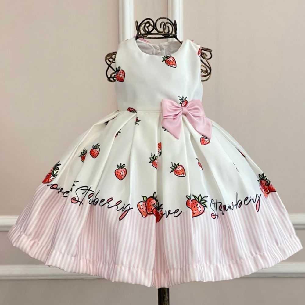 Vestido Infantil de Festa Branco Strawberry com Laço Rosa Kopela