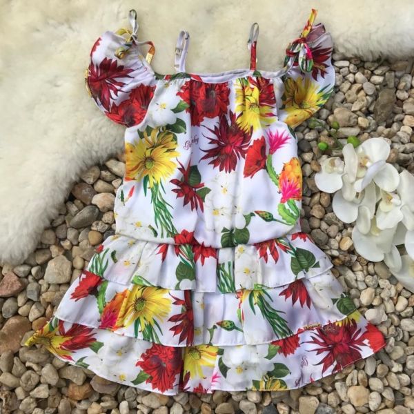 Vestido Infantil de Cetim com Babados Estampa Floral Branco Gira Baby