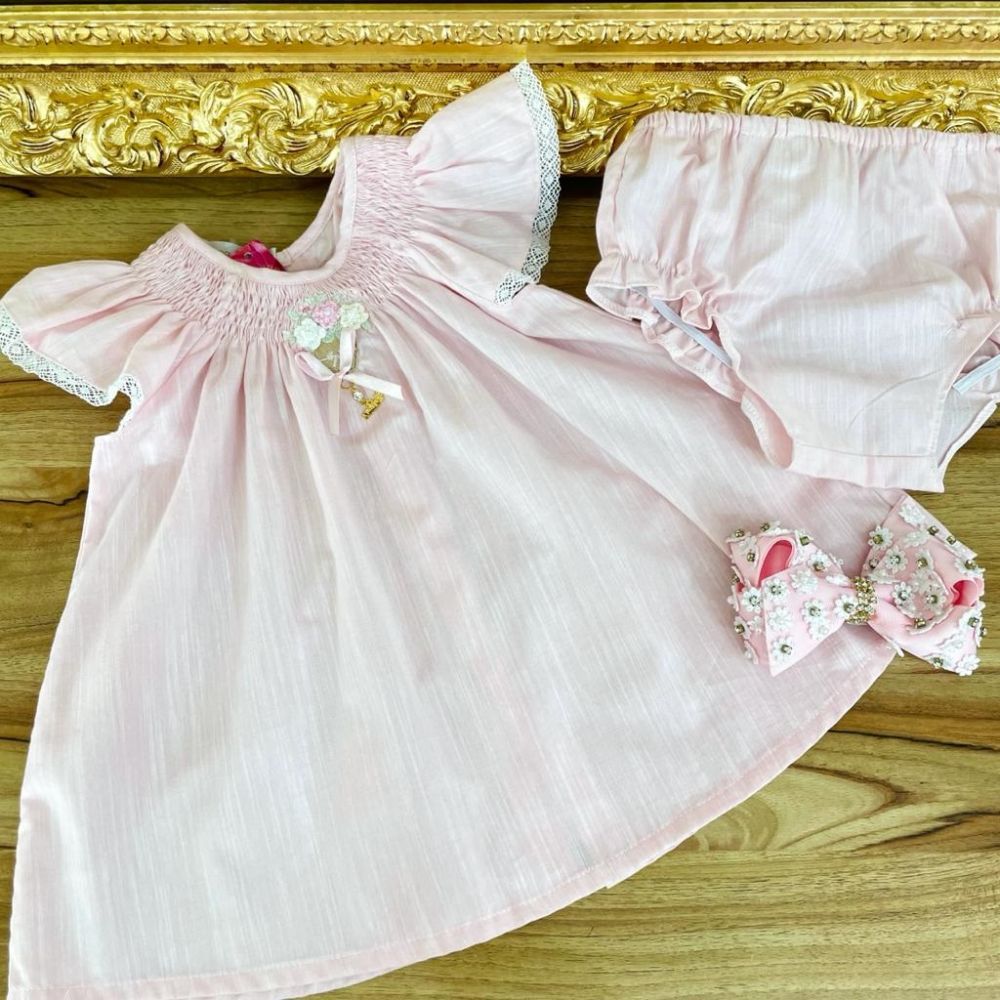 Vestido Infantil com Calcinha Rosa Buquê de Margaridas Roana