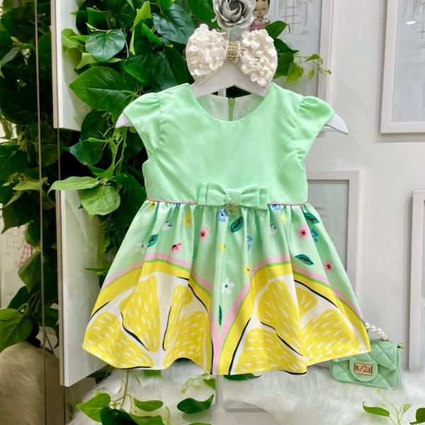 Vestido Infantil Com Calcinha Verde Menta Estampado Jardim Fresco Mon Sucré