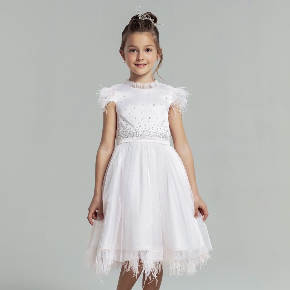 Vestido Infantil com Pérolas e Plumas Rosa Pastel Dream Petit Cherie