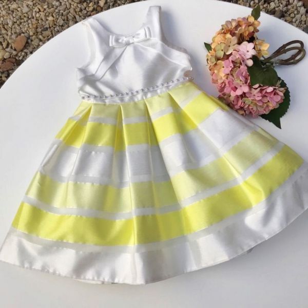 Vestido Infantil com Pérolas Listrado Amarelo e Branco Petit Cherie