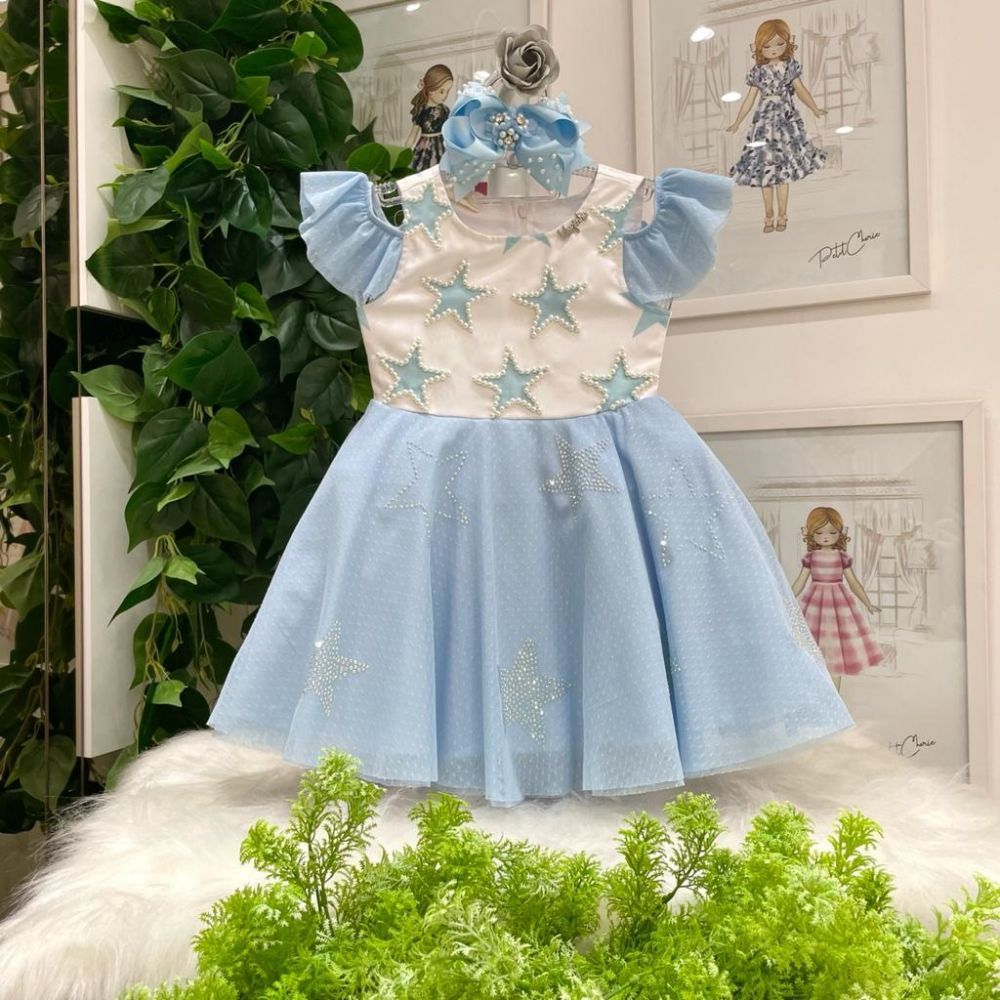 Vestido de Festa Infantil com Pérolas Strass e Saia de Tule Estrelas Mágicas Azul Luluzinha