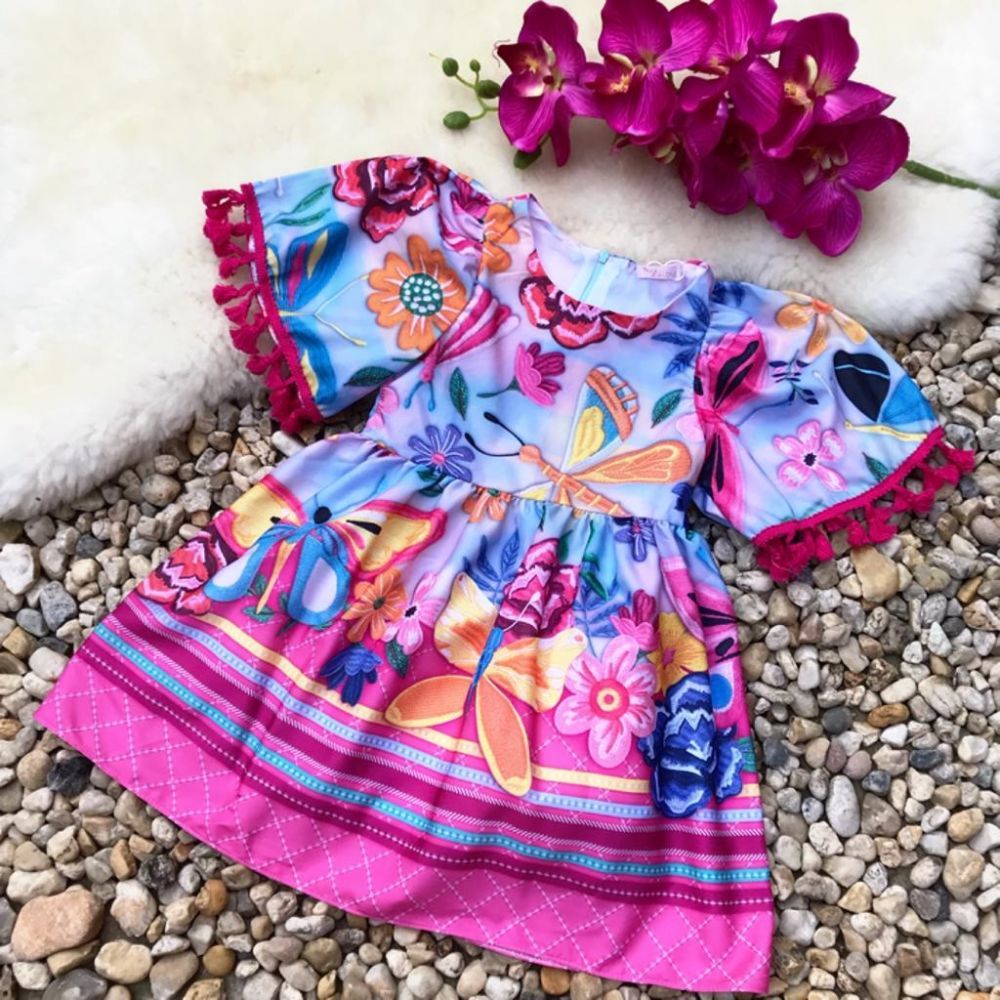 Vestido Infantil com Pom Pons Estampa de Bordados Rosa Mon Sucré