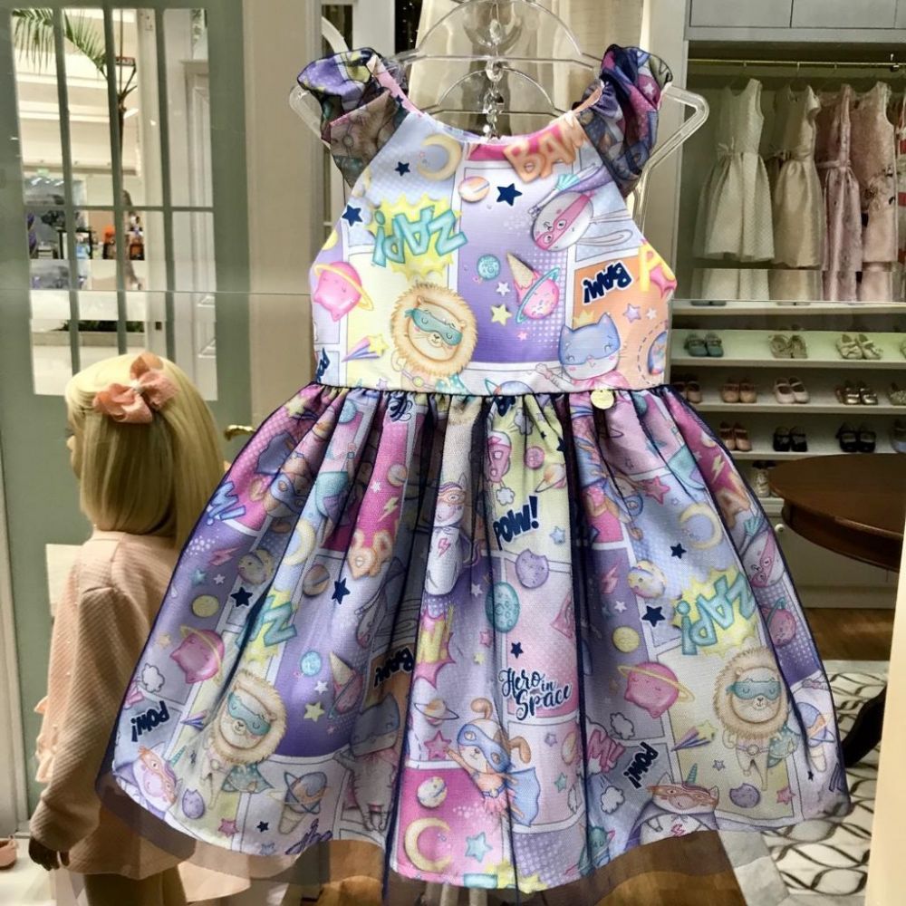 Vestido Infantil com Tule Super-Bichinhos do Espaço Lilás Mon Sucré