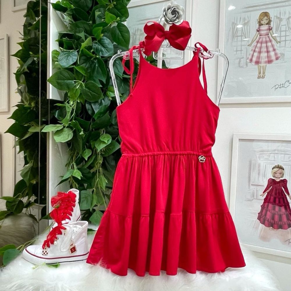 Vestido Infantil de Alça em Camada Babados Vermelho Happy Time Mon Sucré