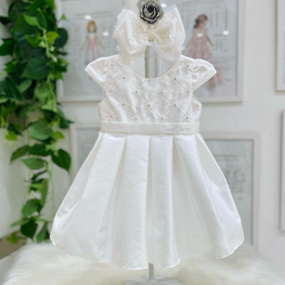 Vestido Infantil de Festa Baby Off White com Apliques e Faixa Petit Cherie