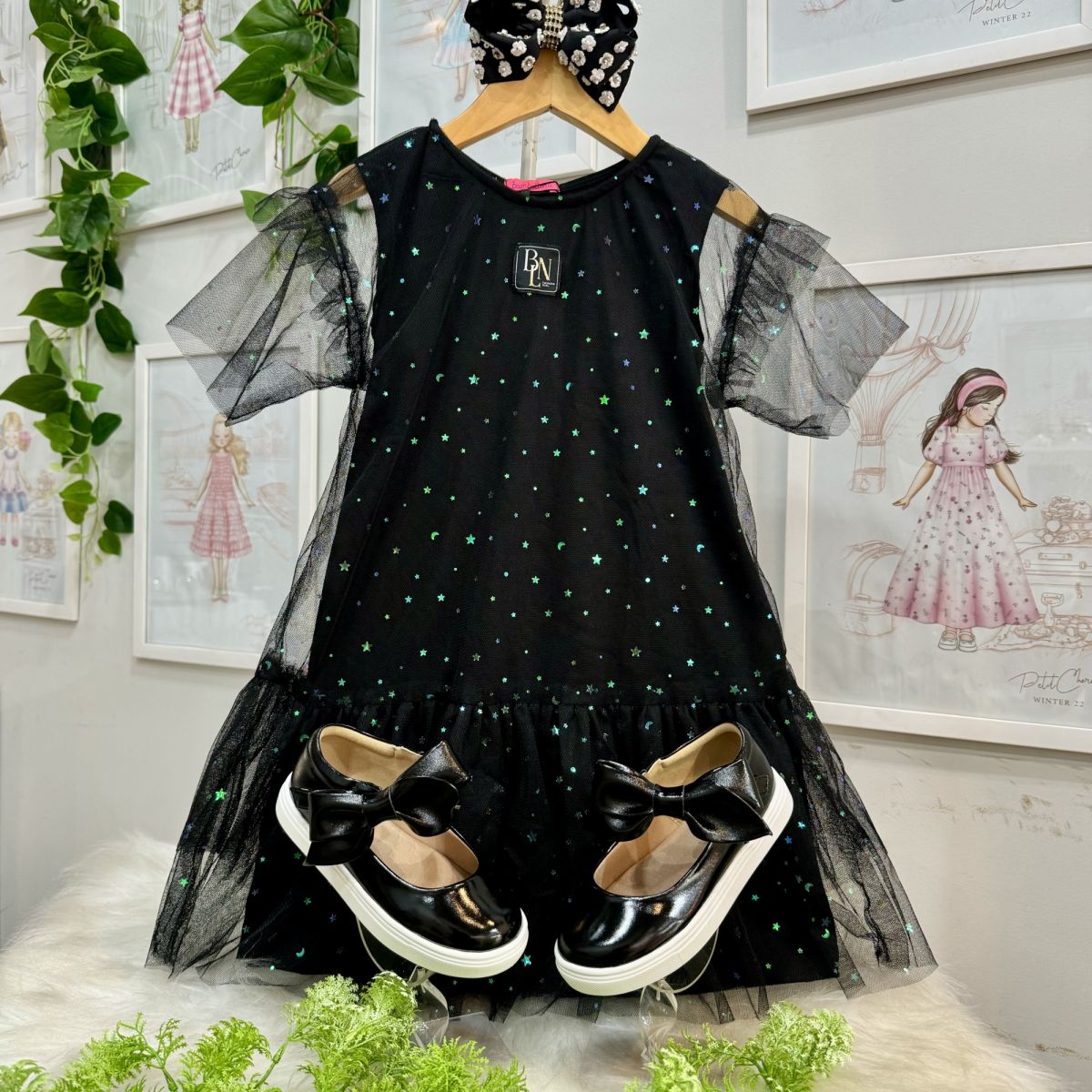 Vestido Infantil Bambollina Preto Sobrep. Tule com Paetês Estrelas e Luas
