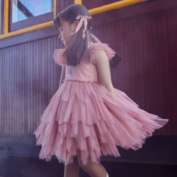 Vestido Infantil de Festa Bambollina Rosé com Strass e Saia Tule Recortes