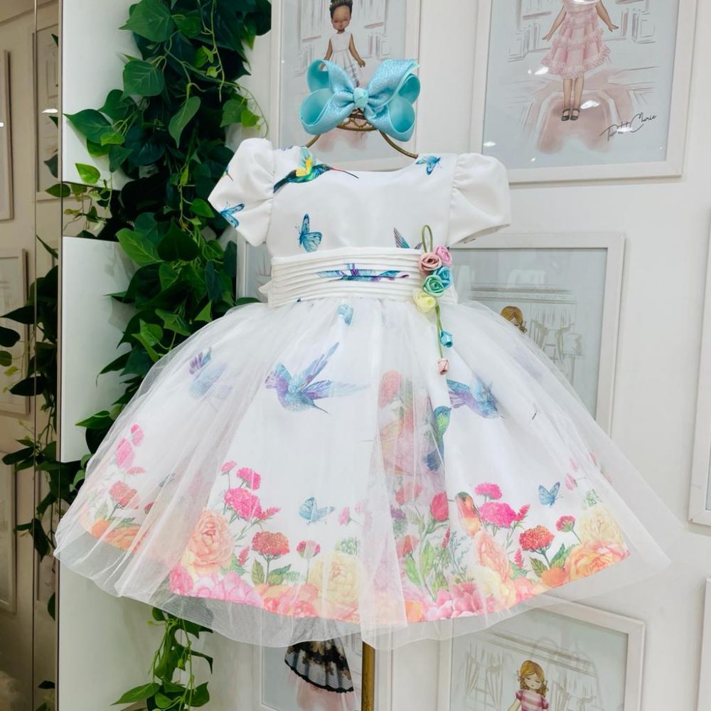 Vestido Infantil de Festa Branco Jardim de Beija-Flores com Sobreposição em Tule e Faixa Kopela