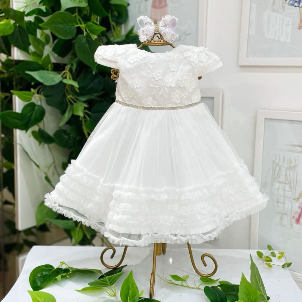 Vestido Infantil de Festa Branco Renda Bordada Flower e Barrado Tule Franzido Baby Shine Petit Cheri