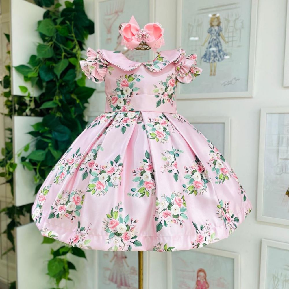 Vestido Infantil de Festa Zibeline Rosa Arranjos Florais com Faixa Kopela