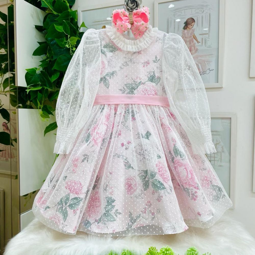 Vestido Infantil de Festa Dois em Um Floral Evasê com Tule Texturizado Manga Longa Petit Cherie 