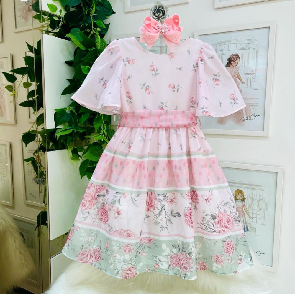 Vestido Infantil de Festa Estampado Rosa Delicadas com Faixa Petit Cherie