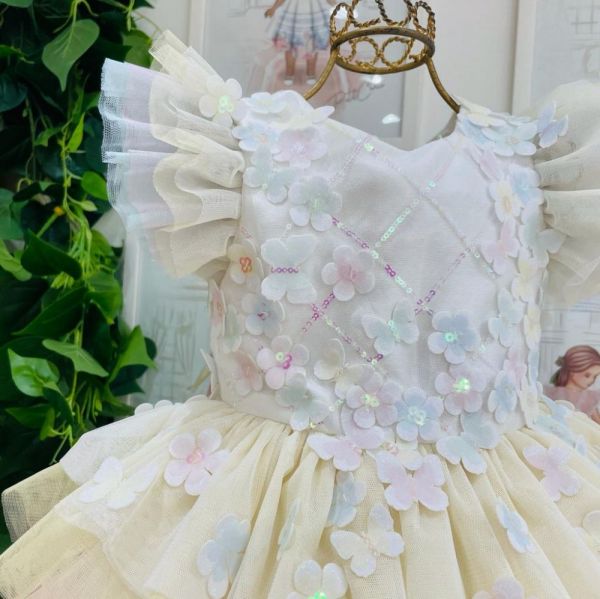 Vestido Infantil de Festa Luxo Flores e Borboletas Brilhantes com Tules Coloridos Petit Cherie