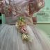 Vestido Infantil de Festa Luxo Kopela Bordado Rosa com Sobrep. em Tule e Broche