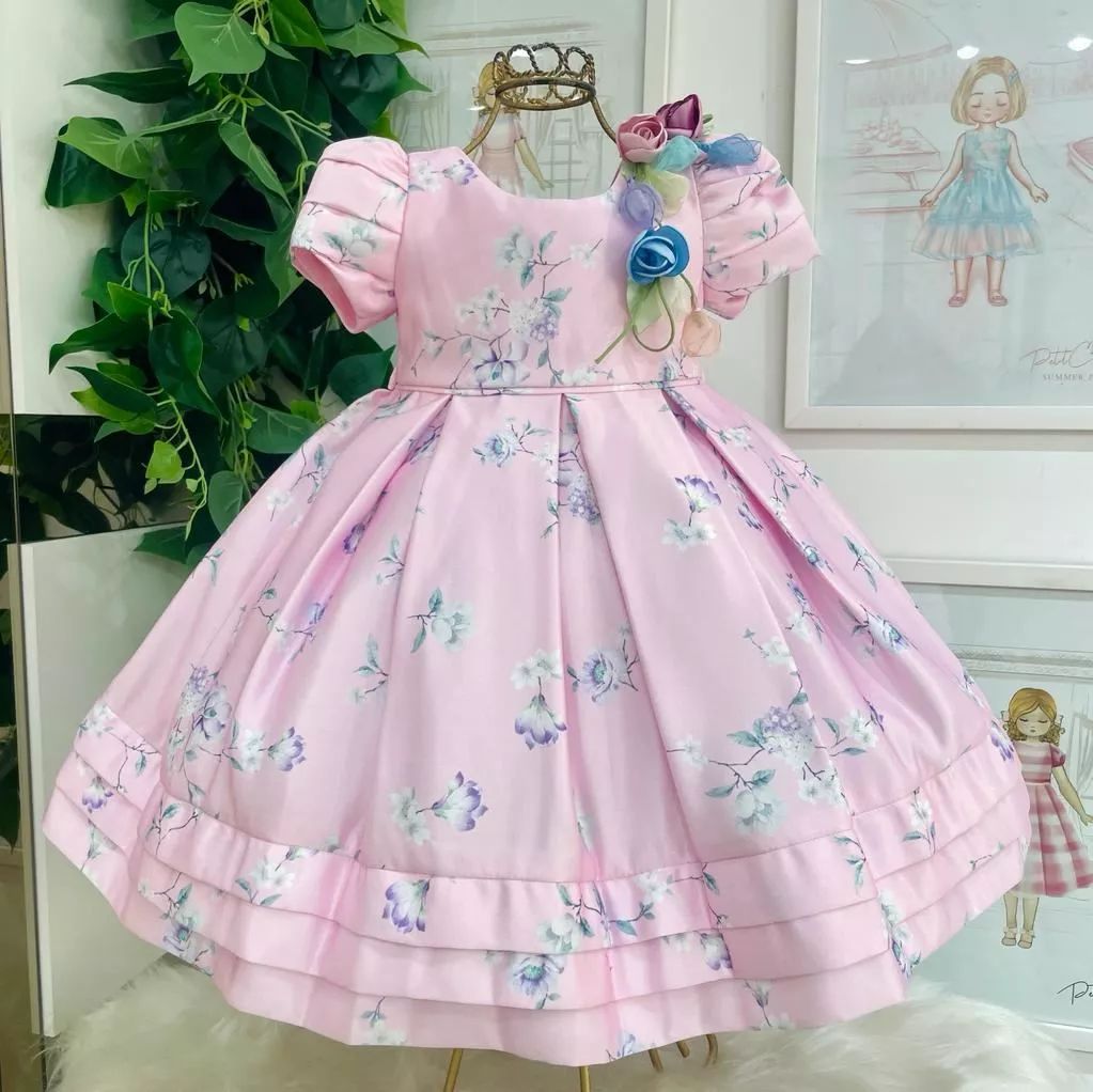 Vestido Infantil de Festa Luxo Kopela Cetim Rosa Floral