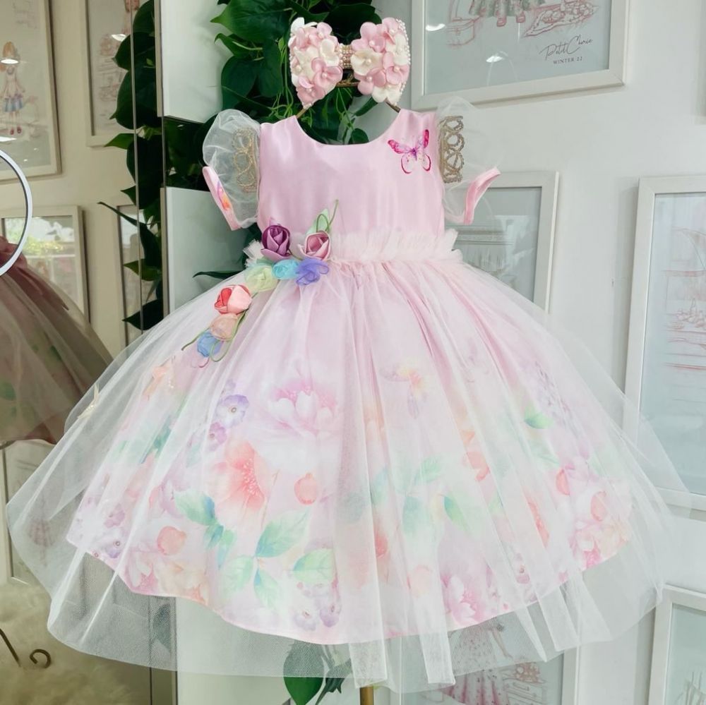 Vestido Infantil de Festa Luxo Kopela Rosa Floral Manga e Sobrep. em Tule