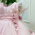 Vestido Infantil de Festa Luxo Kopela Rosa Manga e Saia Tule Fita Dupla com Broche Flor