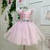 Vestido Infantil de Festa Luxo Kopela Rosa Manga Fru Fru Cinto Flor e Saia Tule