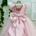 Vestido Infantil de Festa Luxo Kopela Rosa Manga Fru Fru Cinto Flor e Saia Tule