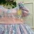 Vestido Infantil de Festa Luxo Kopela Rosa Sobrep. Renda Azul Bordado Faixa Broche Flor